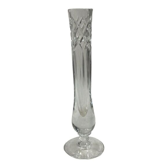 Elegant Crystal Bud Flower Vase 7" Pedestal Diamond Cut Glass At Top Narrow Thin - Picture 1 of 5